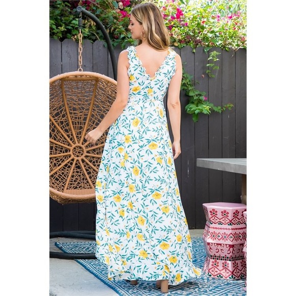 LAST 3️⃣ WHITE YELLOW GREEN FLORAL RUFFLE DETAIL LONG BACK DRESS - Picture 3 of 7